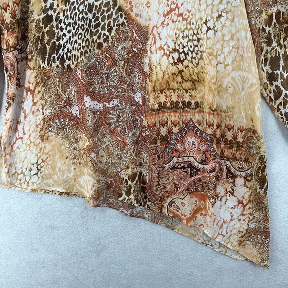 Chicos Tunic Top Women XL Asymmetrical Hem 3/4 Sleeve Leopard Roll‎ Tab Chiffon - Picture 4 of 16